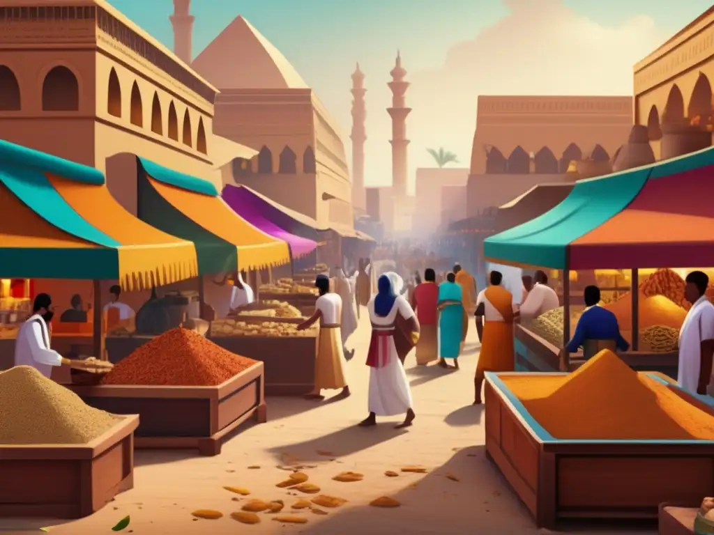 Un bullicioso mercado en el antiguo Egipto muestra el comercio de especias, con colores vibrantes y arquitectura detallada