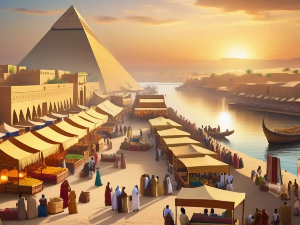 Un bullicioso mercado en el antiguo Egipto, donde el comercio y la diplomacia egipcia Mediterráneo se entrelazan