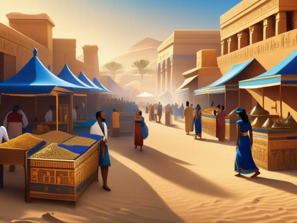 Un bullicioso mercado en el antiguo Egipto muestra el comercio de joyas de lapislázuli bajo cálida luz dorada