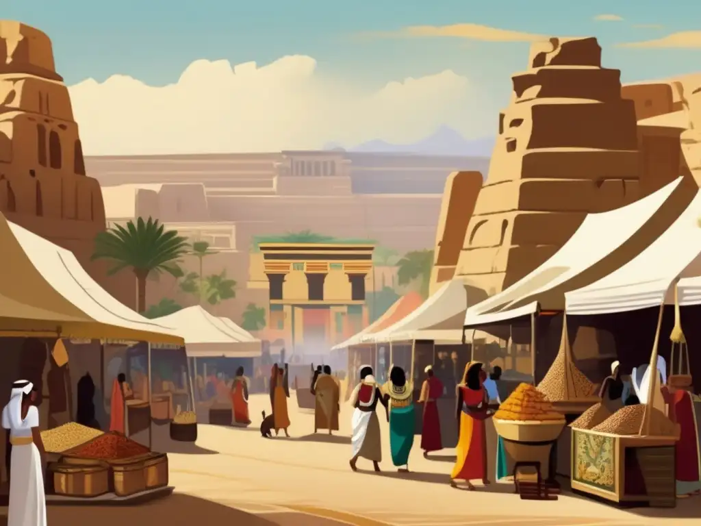 Un bullicioso mercado en el antiguo Egipto, donde el comercio y el lenguaje se entrelazan