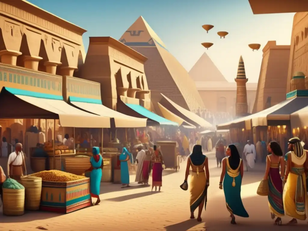 Un bullicioso mercado antiguo egipcio en el corazón de Tebas, donde el legado de los Hicsos se entrelaza con la civilización egipcia