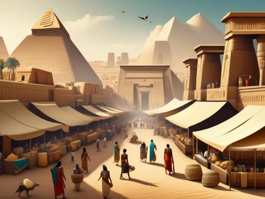 Bullicioso mercado en el antiguo Egipto, reflejando la evolución de la escritura egipcia a lo largo de los siglos