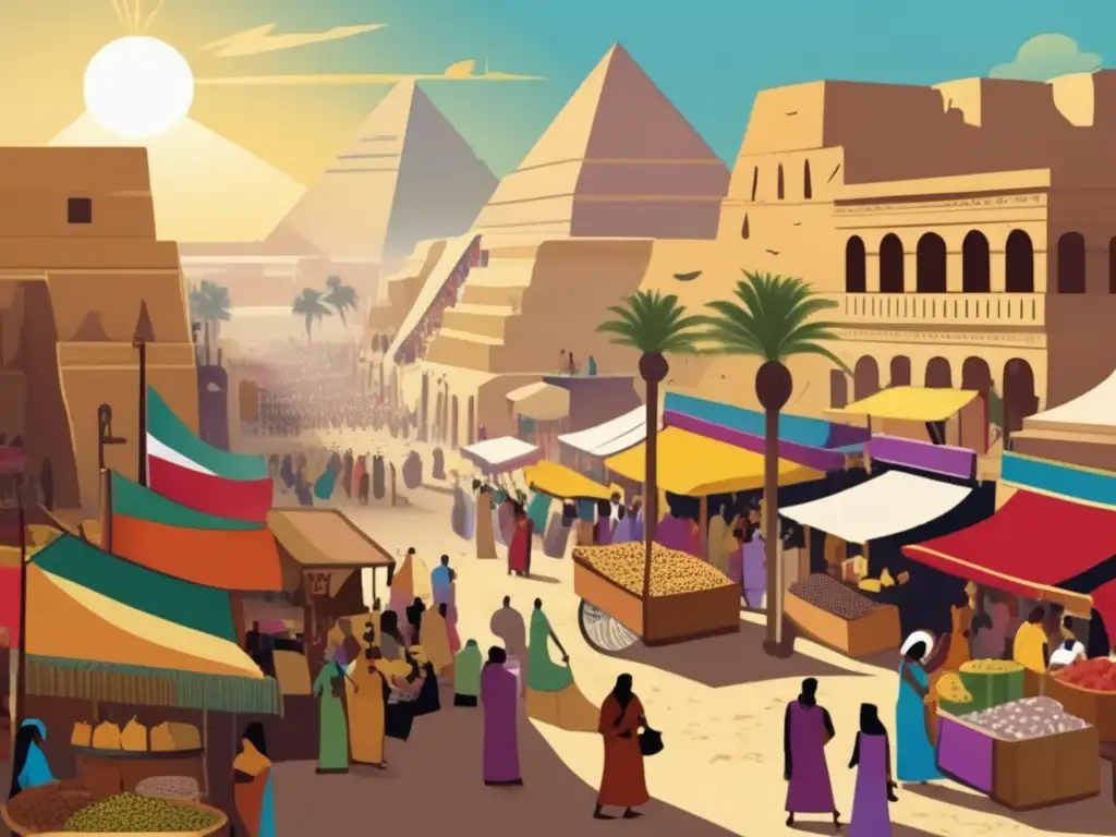 Un bullicioso mercado en el antiguo Egipto, donde extranjeros se integran en la sociedad egipcia
