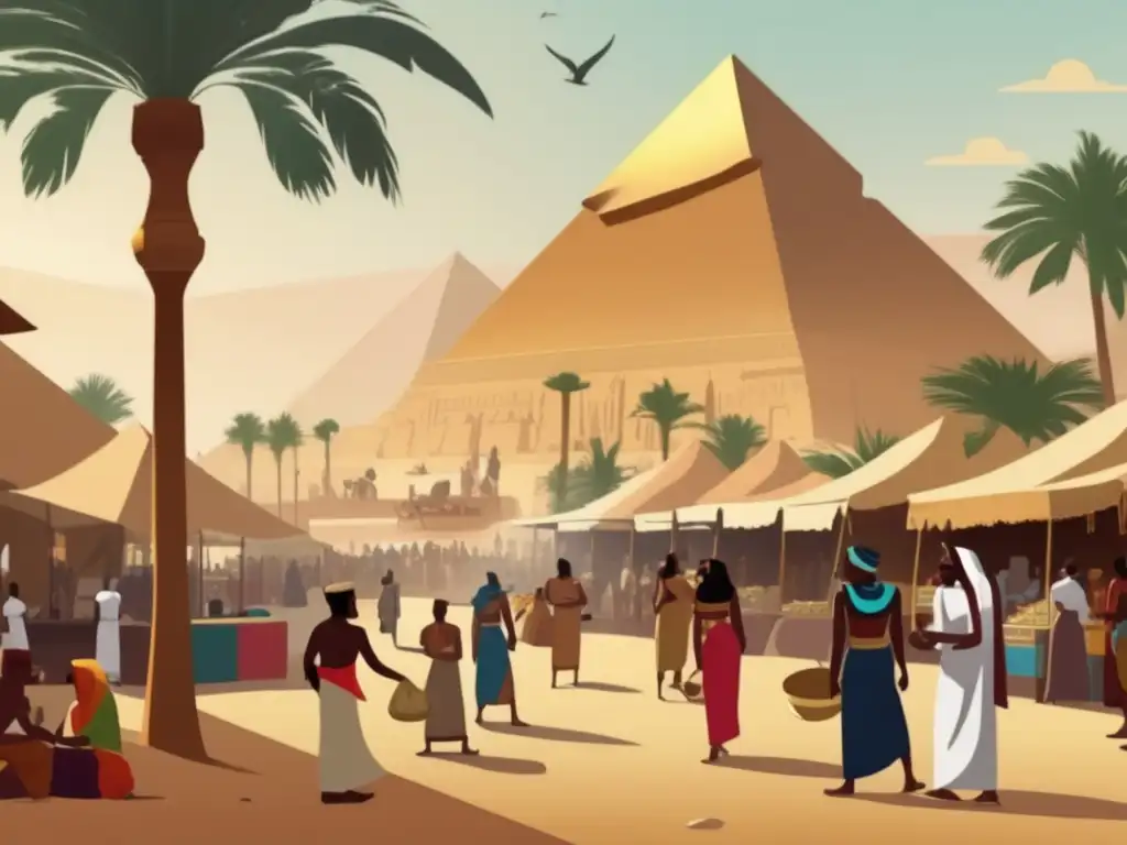 Un bullicioso mercado en el antiguo Egipto con extranjeros en la sociedad egipcia, rodeado de pirámides y palmeras