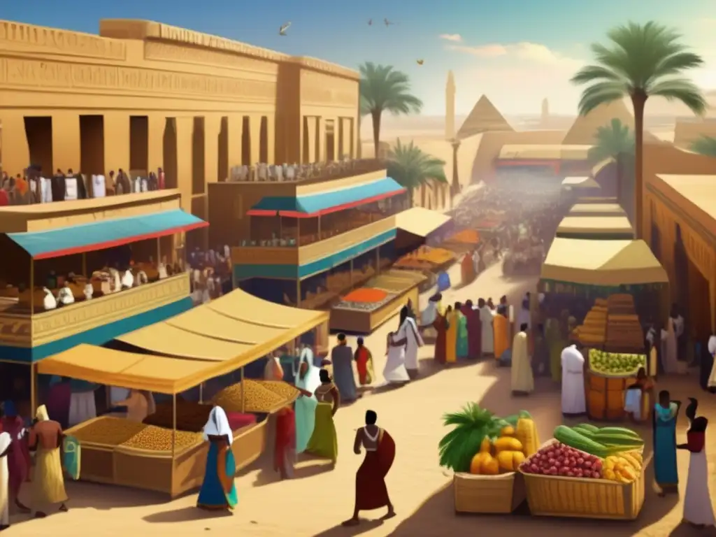 Un bullicioso mercado en el antiguo Egipto durante las festividades religiosas del Nilo