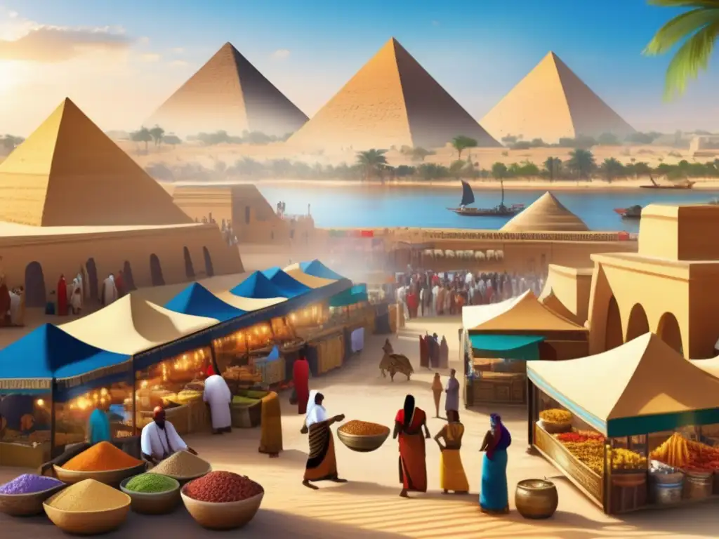 Un bullicioso mercado en el antiguo Egipto, con las icónicas pirámides y el río Nilo de fondo