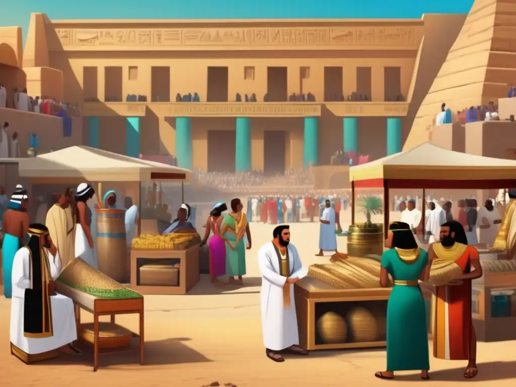 Un bullicioso mercado en el antiguo Egipto del Imperio Nuevo, con avances en medicina