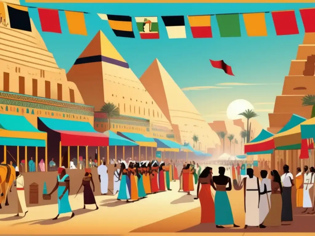 Un bullicioso mercado en el antiguo Egipto del Imperio Medio, donde las costumbres de la vida cotidiana se entrelazan con la religión y la comunidad
