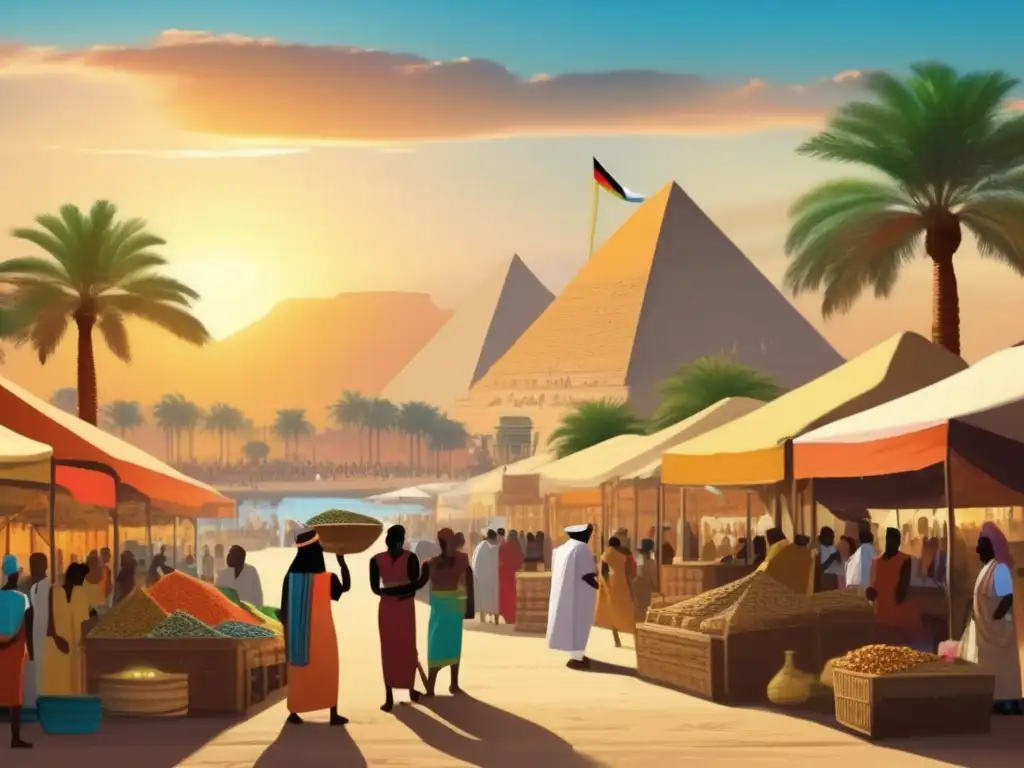 Un bullicioso mercado antiguo en Egipto, con influencia nubia y diplomacia que forjó la relación entre ambos pueblos en la historia