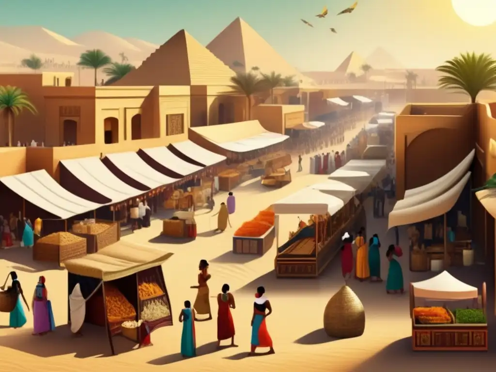 Una ilustración vintage muestra un bullicioso mercado en el antiguo Egipto, reflejando la jerarquía social en el país