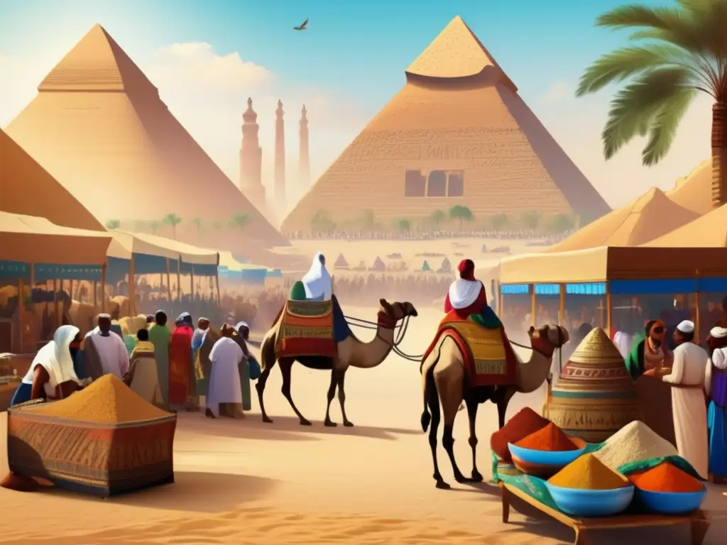 Un bullicioso mercado en el antiguo Egipto, junto a las majestuosas pirámides