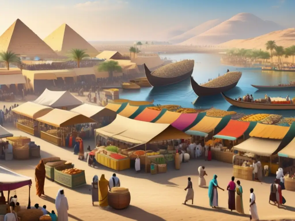 Un bullicioso mercado en el antiguo Egipto junto al majestuoso Nilo