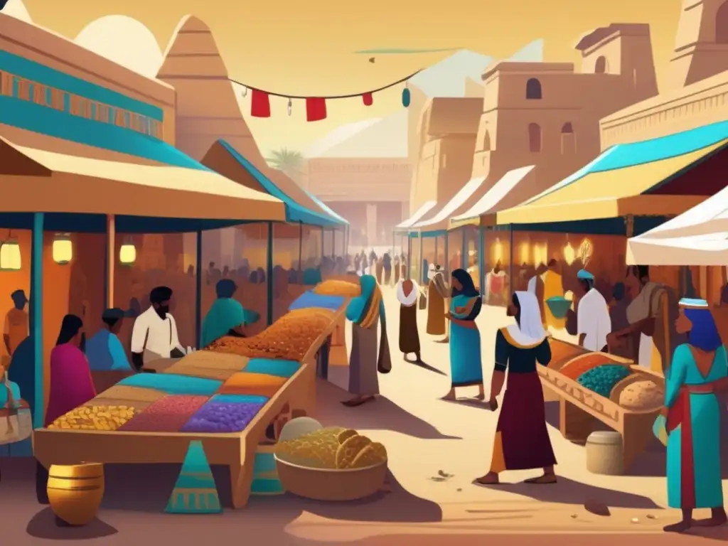 Un bullicioso mercado en el antiguo Egipto muestra la litoterapia en acción