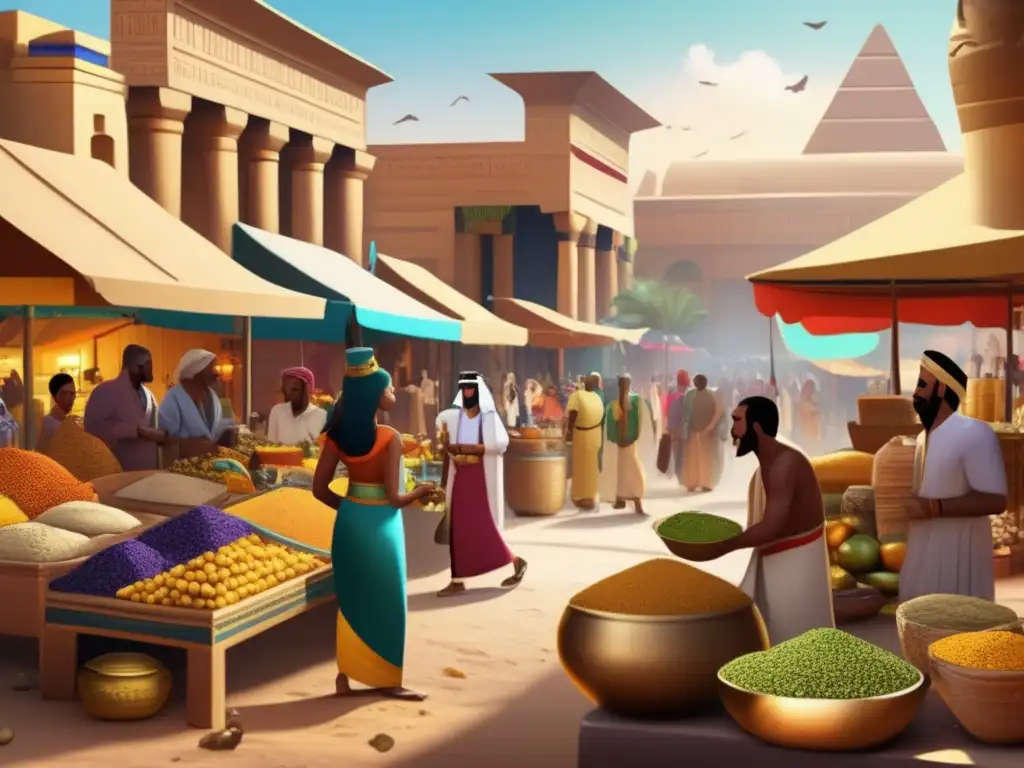 Un bullicioso mercado del antiguo Egipto, lleno de colores vibrantes y actividad comercial