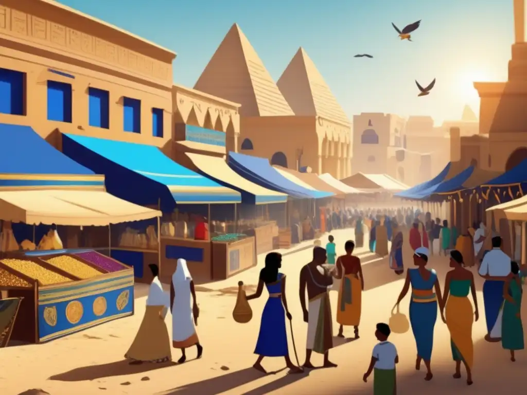Un bullicioso mercado en el antiguo Egipto, lleno de vida y color