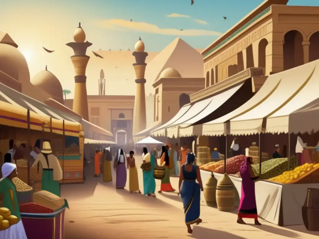 Un bullicioso mercado en el antiguo Egipto, lleno de colores, texturas y comercio
