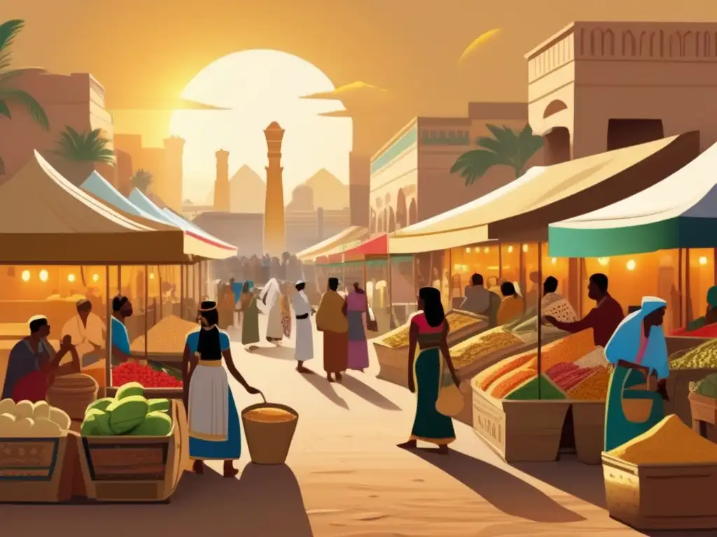 Un bullicioso mercado en el antiguo Egipto, lleno de colores y aromas exóticos