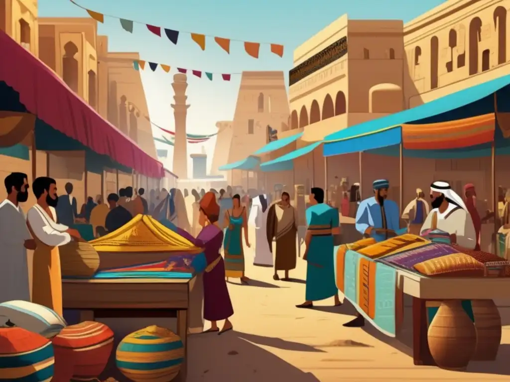 Un bullicioso mercado en el antiguo Egipto y el Levante Mediterráneo, donde se intercambia comercio textil