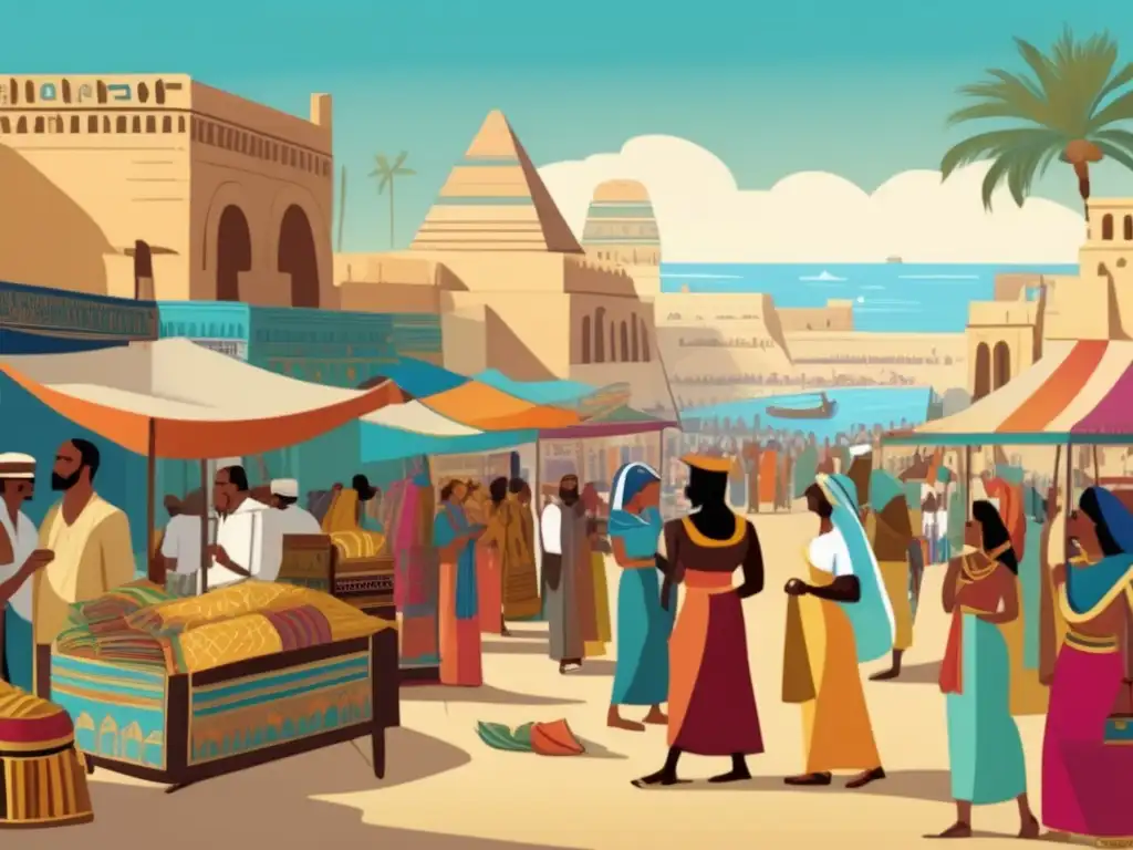 Un bullicioso mercado en el antiguo Egipto y el Levante Mediterráneo, donde el comercio textil florece entre vibrantes colores y patrones intrincados