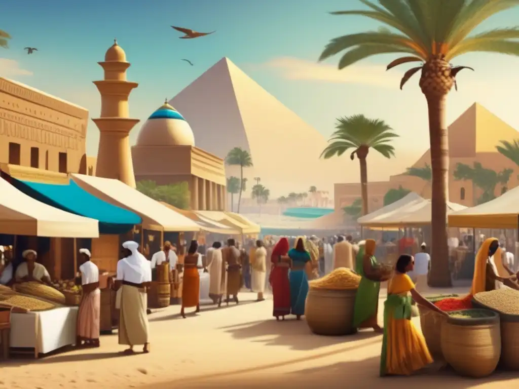Un bullicioso mercado antiguo en Egipto, con el Mediterráneo de fondo
