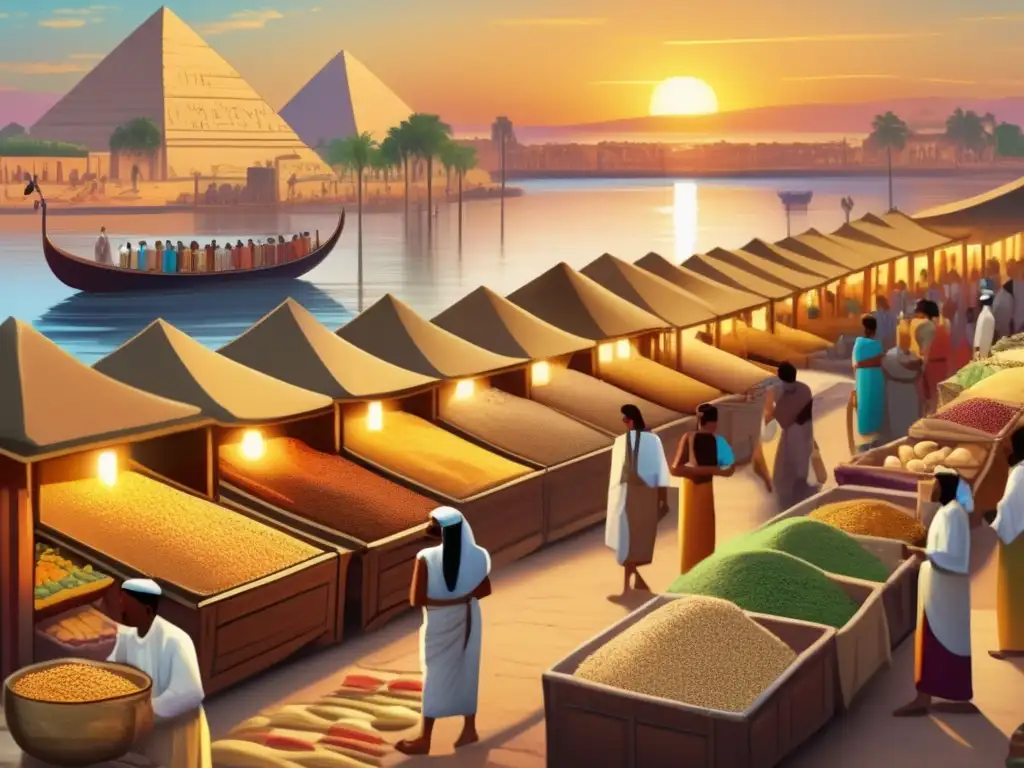 Un bullicioso mercado en el antiguo Egipto, con el Nilo reflejando los colores del atardecer