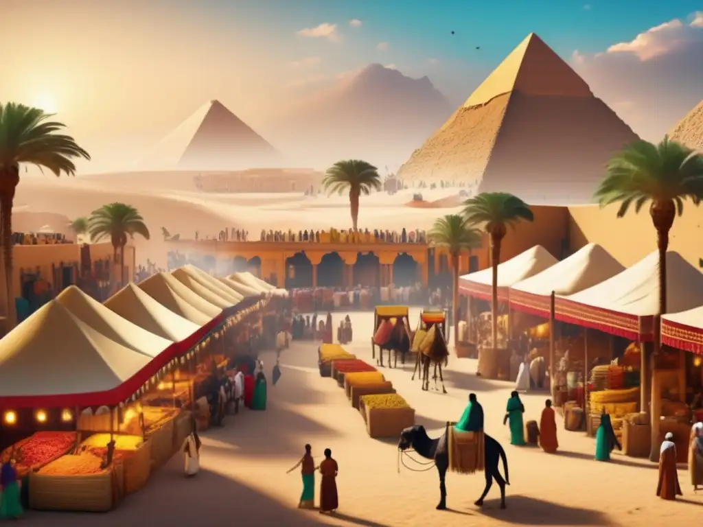 Bullicioso mercado antiguo en Egipto con nómadas asiáticos intercambiando enérgicamente