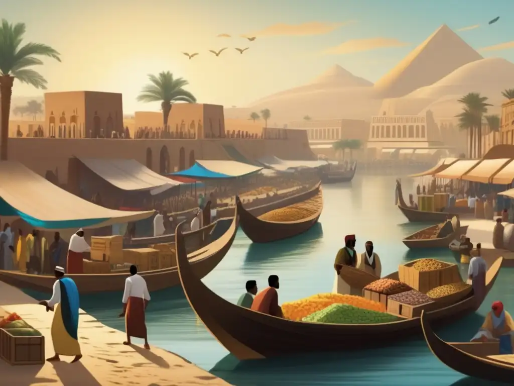 Un bullicioso mercado en el antiguo Egipto a orillas del Nilo