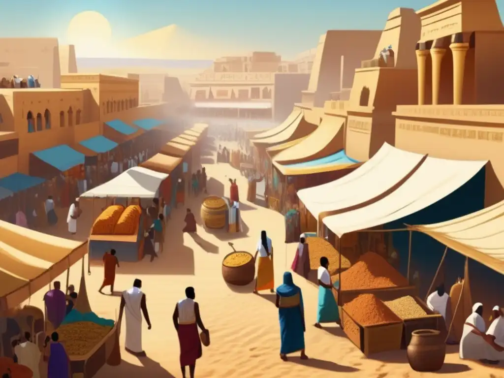 Un bullicioso mercado en el antiguo Egipto durante el Primer Periodo Intermedio, con una atmósfera vibrante de colores y actividad