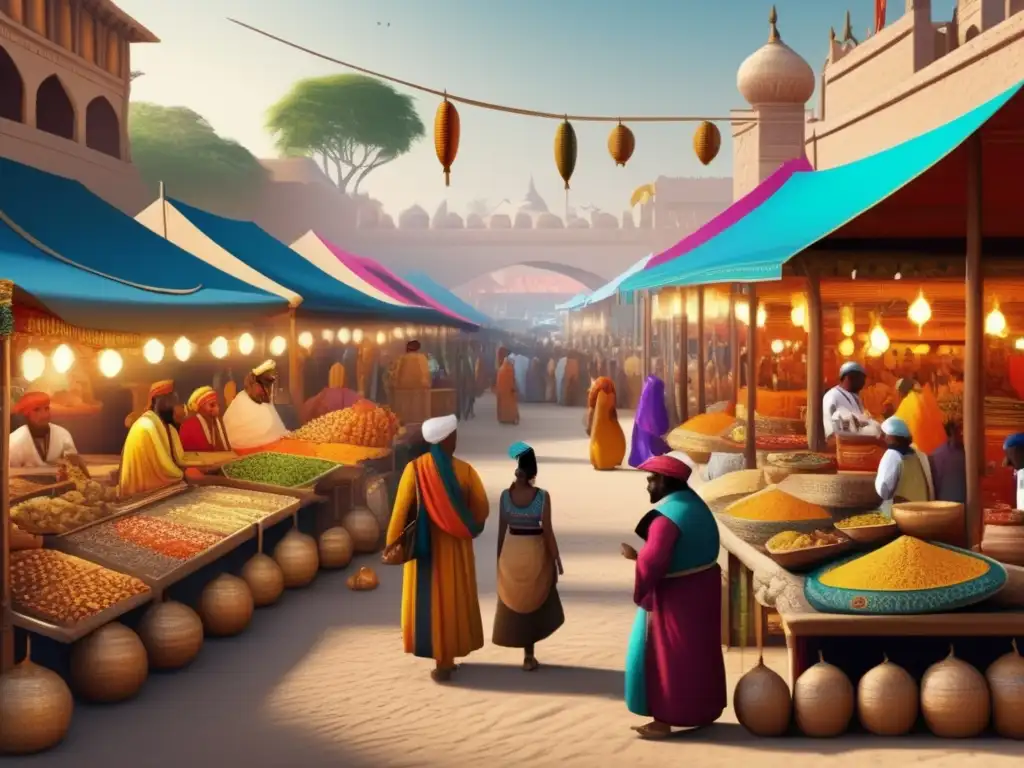 Un bullicioso mercado antiguo en Punt, con comerciantes y negociadores intercambiando bienes exóticos