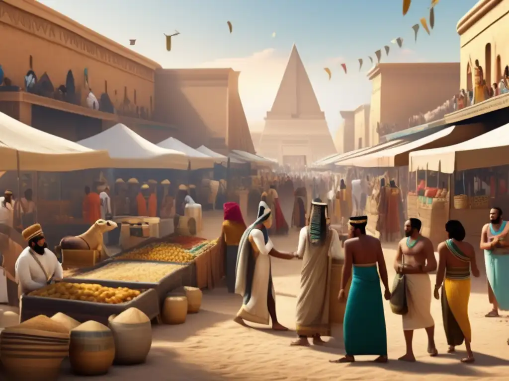 Bullicioso mercado en el antiguo Egipto del Reino Nuevo, muestra la presencia de extranjeros en la sociedad egipcia