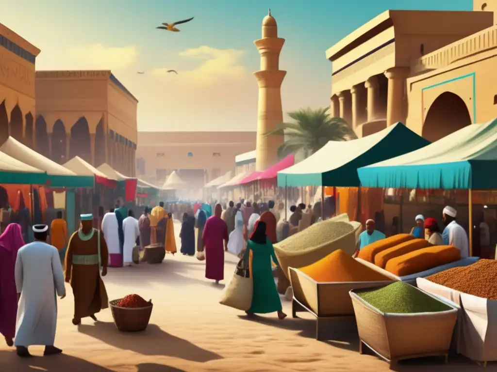 Un bullicioso mercado en el antiguo Egipto, repleto de puestos de especias, telas y otros productos