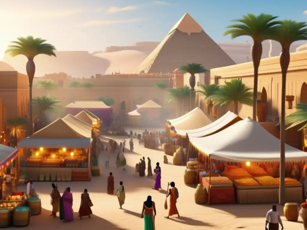 Un bullicioso mercado en el antiguo Egipto muestra riquezas comerciales