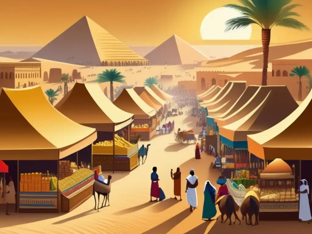 Un bullicioso mercado en el antiguo Egipto, rodeado de dunas y palmeras