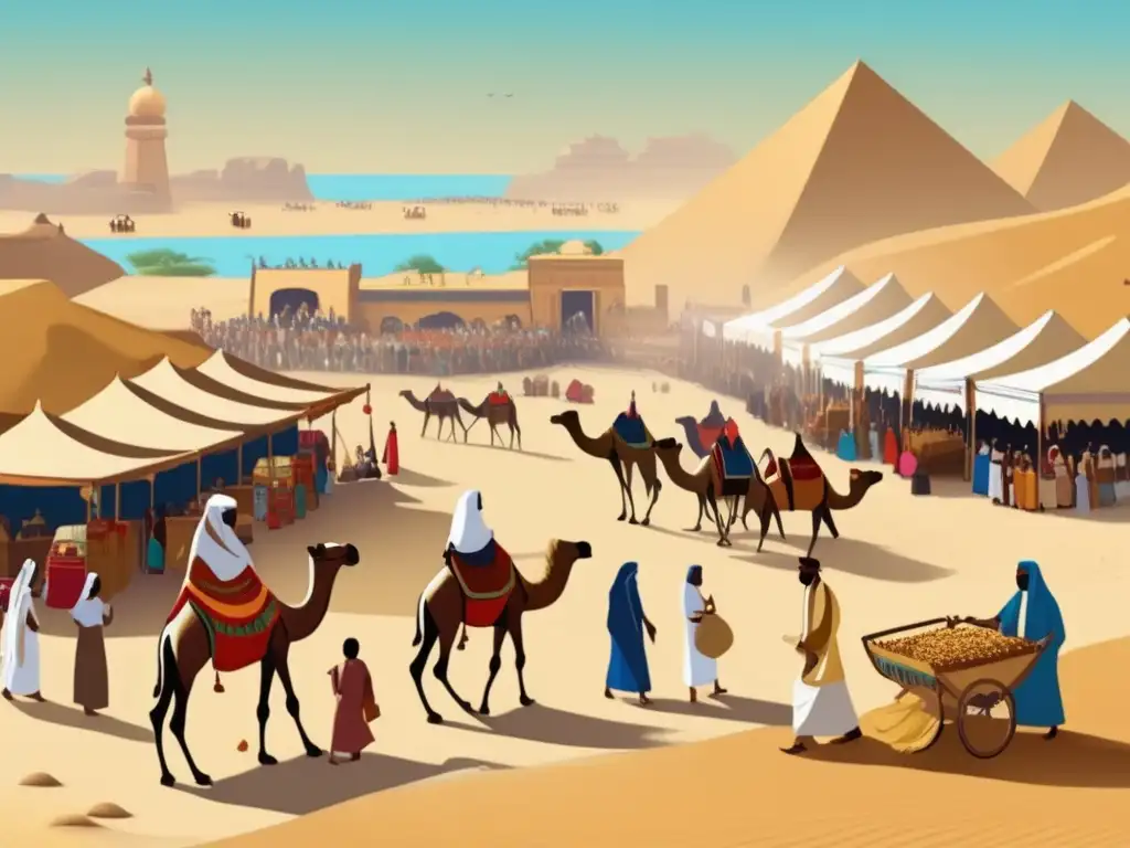 Un bullicioso mercado en el antiguo Egipto, rodeado de dunas y un cielo azul