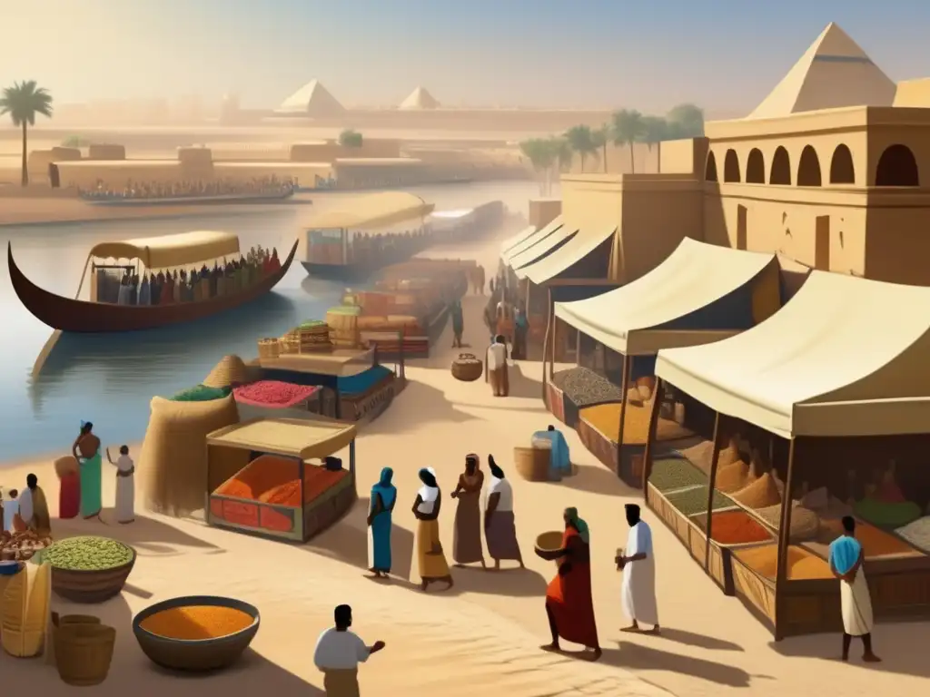 Un bullicioso mercado en el Antiguo Egipto, con vendedores y clientes intercambiando bienes y conversaciones animadas
