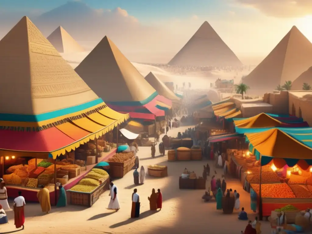 Un bullicioso mercado en el antiguo Egipto, con vibrantes colores y detalles intrincados