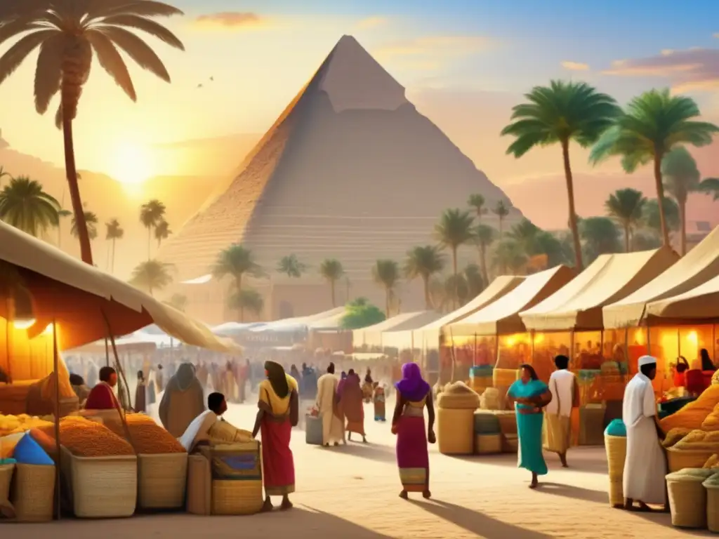 Un bullicioso mercado egipcio en la antigüedad, rodeado de pirámides y palmeras