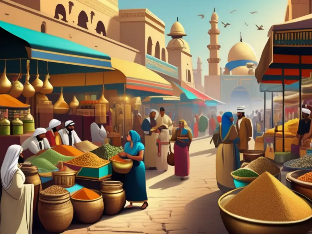 Un bullicioso mercado egipcio en la antigüedad, lleno de especias exóticas y comerciantes en trajes tradicionales