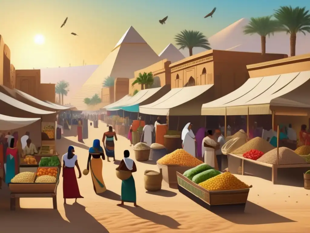 Un bullicioso mercado egipcio antiguo, repleto de alimentos frescos y vibrantes colores