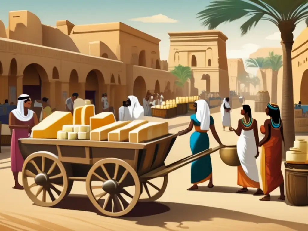 Un bullicioso mercado egipcio antiguo, con vendedores y clientes en busca de productos lácteos