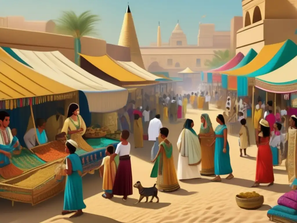 Un bullicioso mercado egipcio antiguo lleno de moda infantil vibrante y detallada