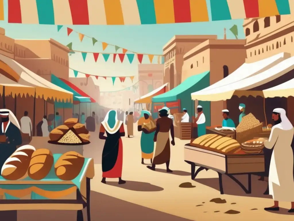 Un bullicioso mercado egipcio antiguo con vendedores y clientes disfrutando de la dieta egipcia en la antigüedad