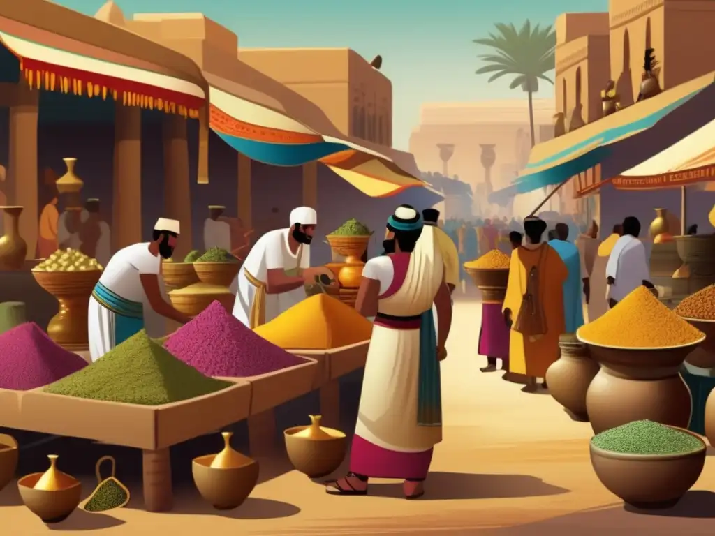Un bullicioso mercado egipcio antiguo, con colores vibrantes y detalles de puestos vendiendo frutas, especias y hierbas exóticas