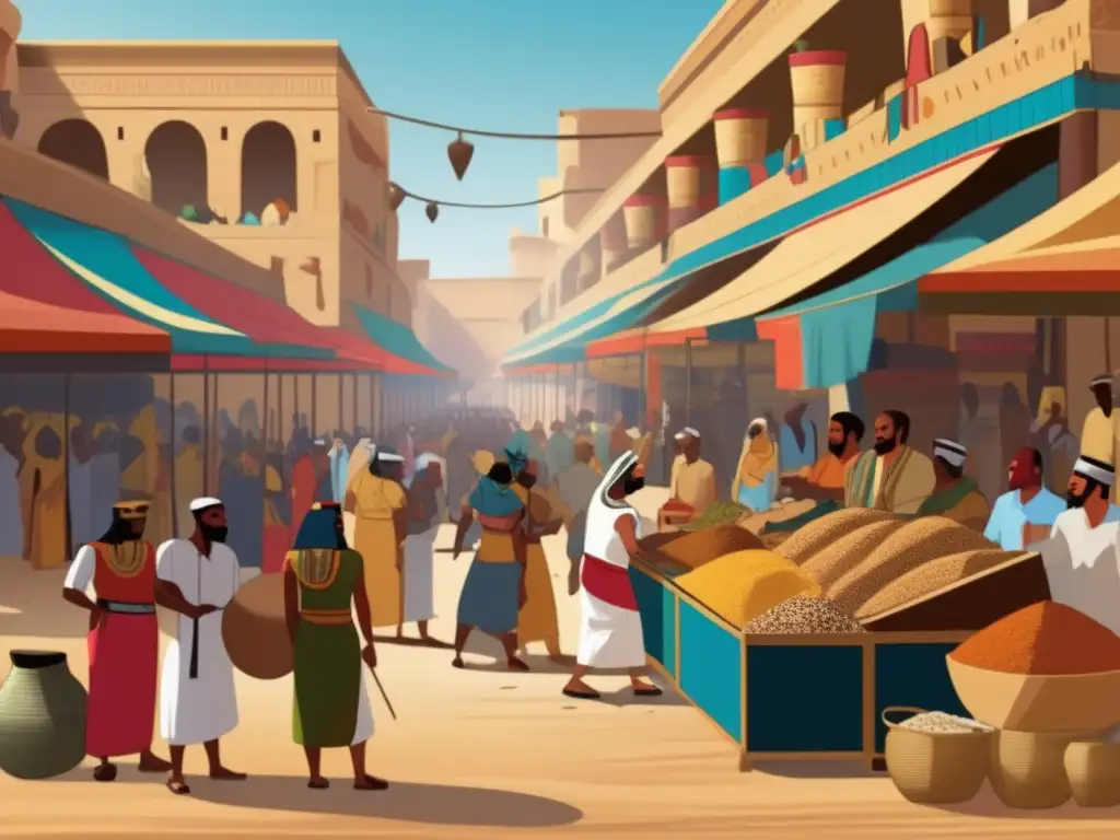 Un bullicioso mercado egipcio antiguo, reflejando la riqueza cultural y la economía durante conflictos militares en el Antiguo Egipto