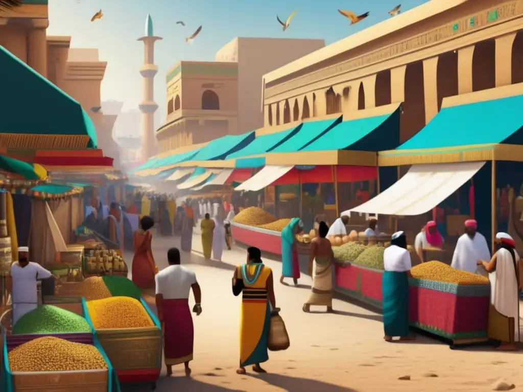 Un bullicioso mercado egipcio antiguo lleno de vida y color