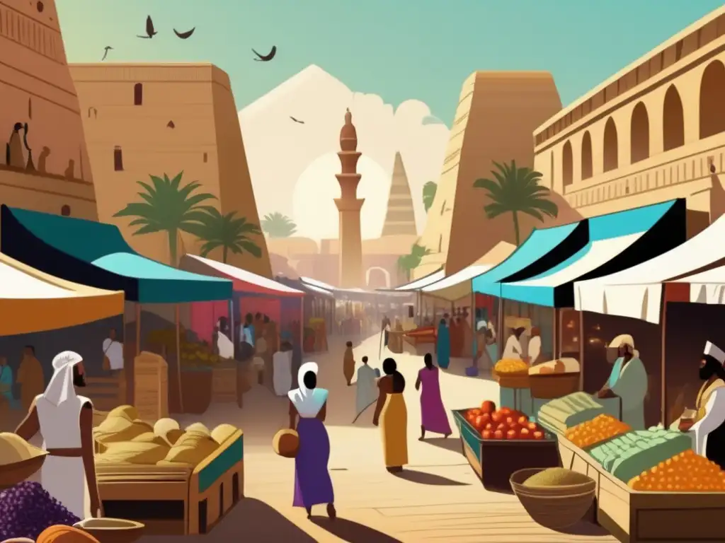 Un bullicioso mercado egipcio antiguo lleno de color y vida, donde se venden cebollas y se respira historia y cultura egipcia