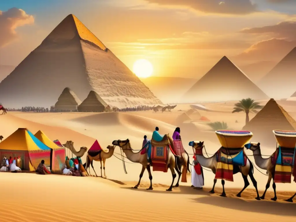 Un bullicioso mercado egipcio antiguo, con las majestuosas Pirámides de Giza de fondo, destaca la importancia histórica de los camellos en Egipto