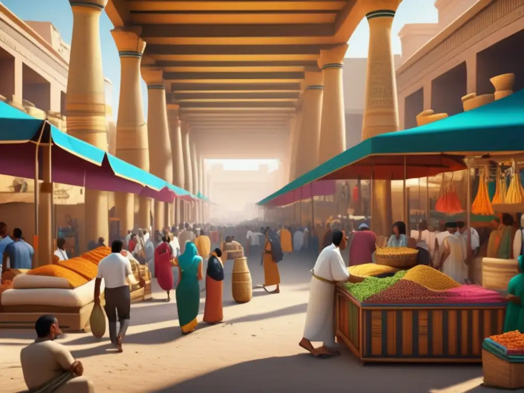 Un bullicioso mercado egipcio antiguo, lleno de vida y comercio