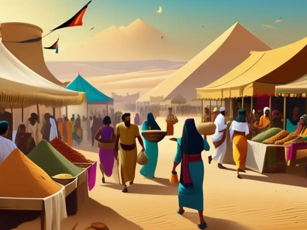 Un bullicioso mercado egipcio antiguo, lleno de coloridos puestos y aromas exóticos