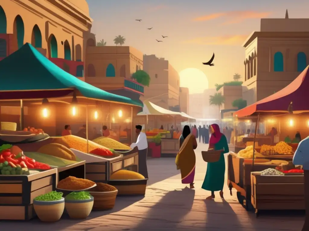 Un bullicioso mercado egipcio con colores y aromas vibrantes
